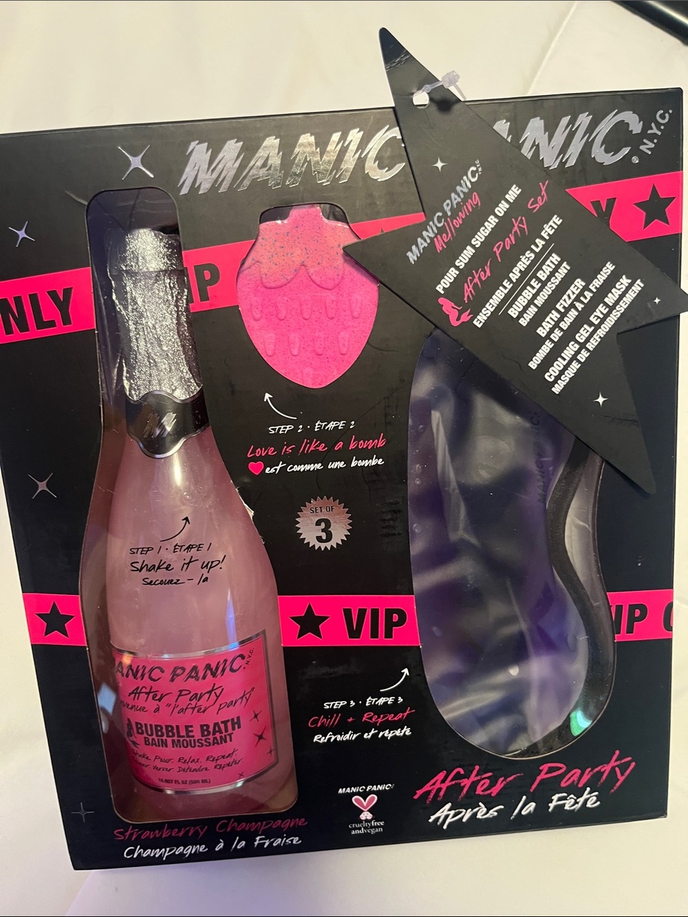 After Party Bath Set-Bubble Bath, Bath Fizzer & Cooling Gel Eye Mask New in Box